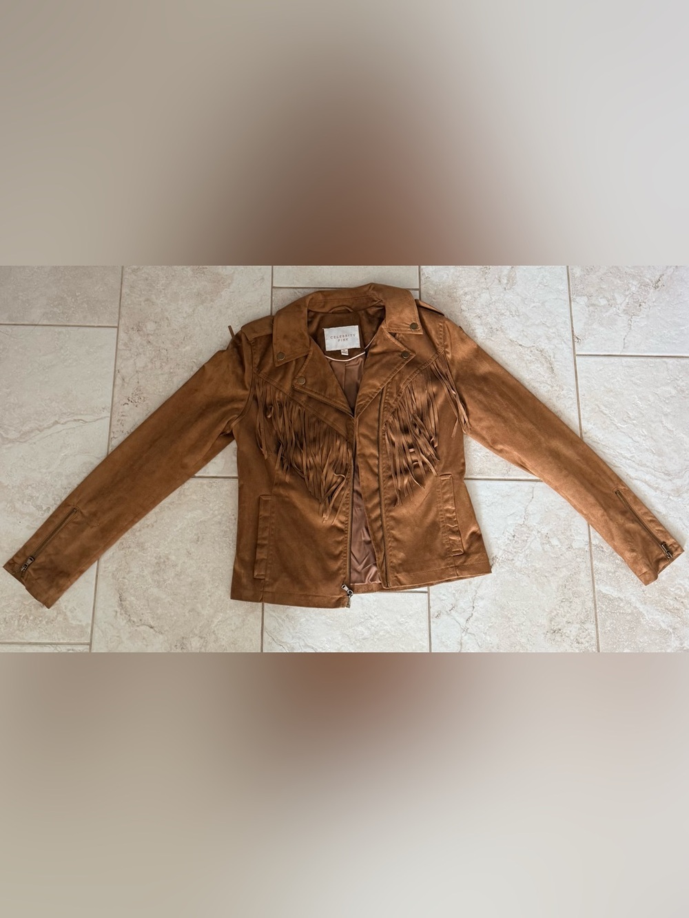 Celebrity Pink Brown Suede Fringe Moto Jacket